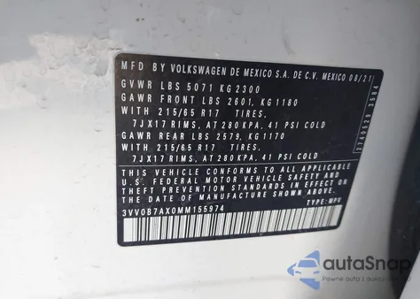 2021 Volkswagen Tiguan 2.0T S z USA, uszkodzony, nr VIN 3VV0B7AX0MM155974